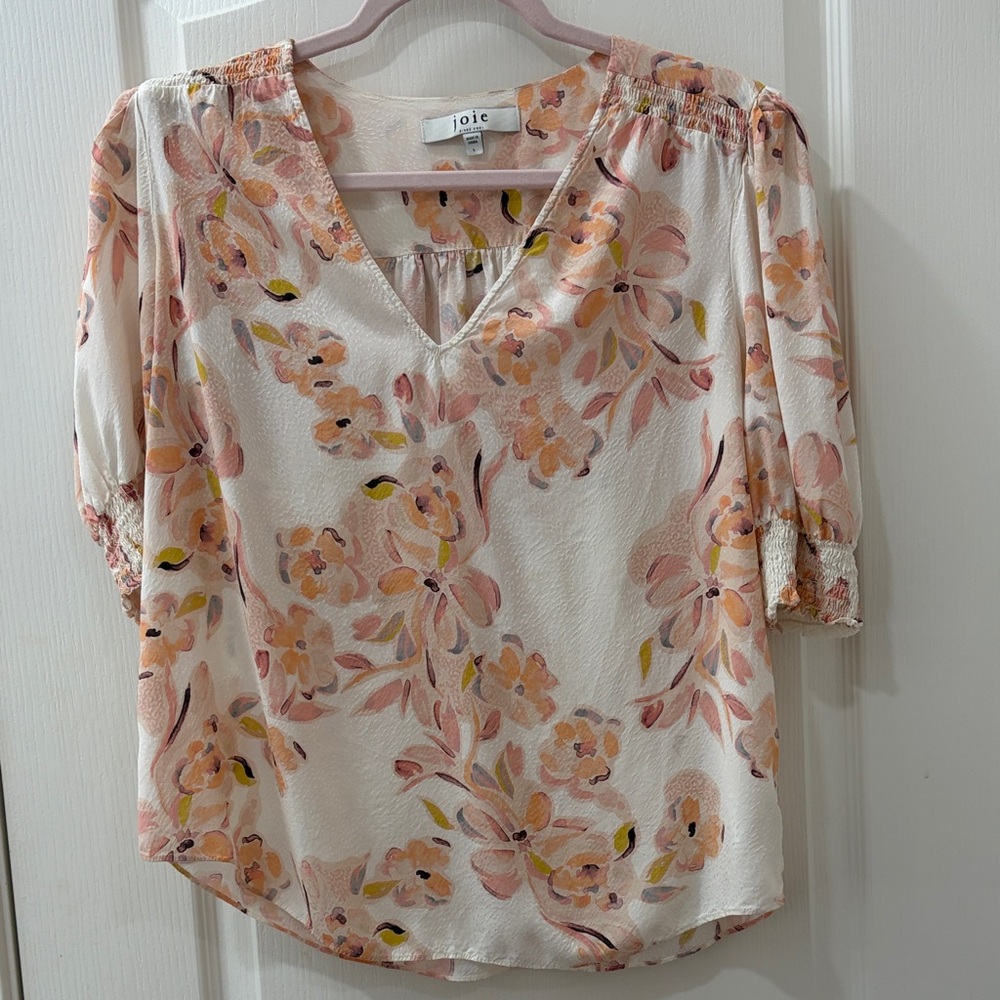 Joie V-Neck Floral Blouse - Cream and Pink